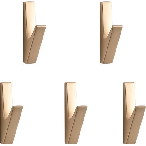 Set mit 5 Wandhaken (7,9 x 4 x 1,4 cm) aus vergoldeter Zinklegierung. Ideal zum Aufhängen von Kleidung, Hüten, Taschen, Handtüchern und Schlüsseln. Auch geeignet für Schallschutzwände, Kleiderschränke