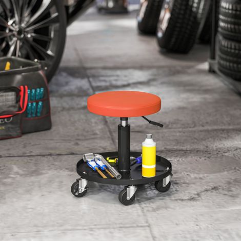 Tabouret d'atelier à roulettes, plateau de rangement réglable en hauteur (38-50 cm), charge maximale 135 kg, orange