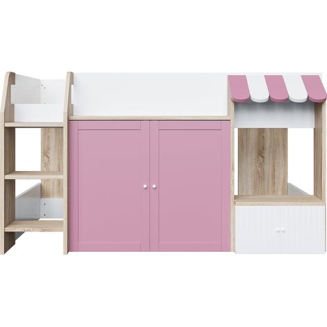 Cama alta infantil 90 x 200 cm de madera con escalera y almacenaje, blanco rosa y madera (1/5)