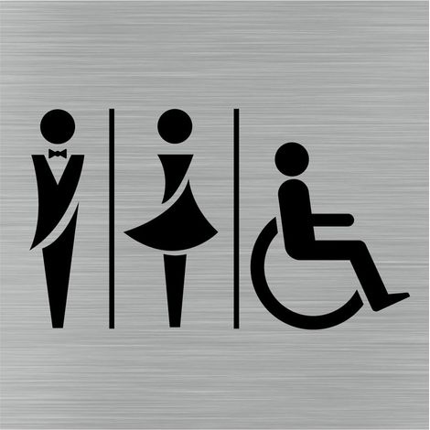 Pictogramme Toilettes Hommes/Femmes/PMR (Q1053). Signalisation Porte 150 x 150 mm. Autocollant souple ou plaque alu brossé 2 mm ep. - Adhésif aspect aluminium brossé