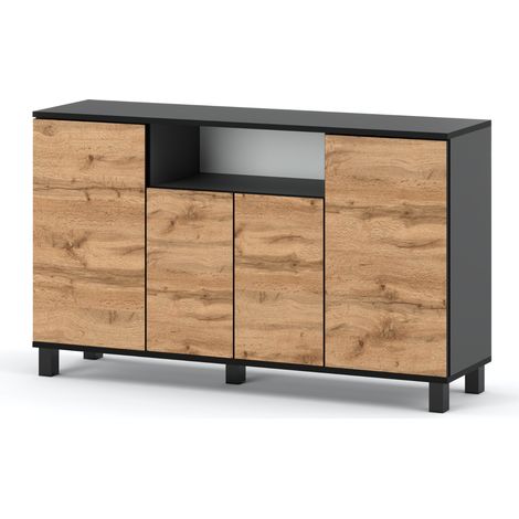 Commode enfant 140 cm – Gris mat et chêne Wotan – 4 portes – Panneau de particules laminé – Charnières GTV (1/5)