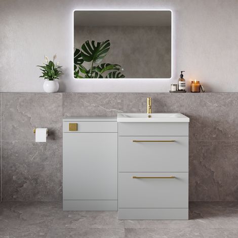 Napoli 460 Gloss Grey Pearl 1100mm 2 Drawer Vanity Unit Toilet Suite with Glide Basin - 1100mm - Brushed Brass 320mm HandleWithout Kingston Toilet Pan