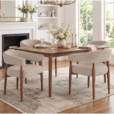 Lot de 4 chaises de salle à manger avec accoudoirs, chenille taupe, pieds effet noyer OKMYHOME (1/5)