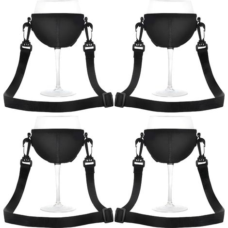 4 Pièces Porte-Gobelet, Support Vin Néoprène Noir, Cordon 92cm, Accessoire Fête Piscine
