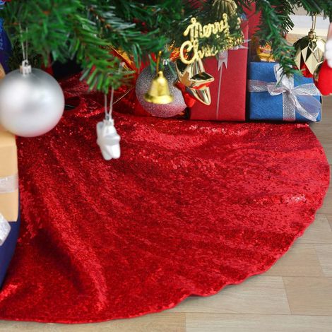 Tapis de sapin de Noël rouge de 122 cm (48 pouces) avec sequins brodés, tapis de sapin à paillettes, housse de sapin ronde rouge (1/5)