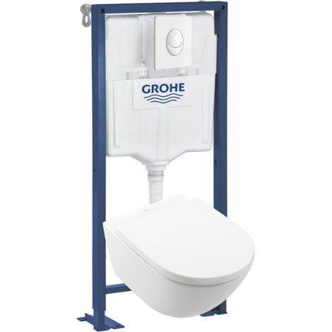 Pack inodoro suspendido sin borde VILLEROY & BOCH Subway 3.0 con asiento anticaída + estructura soporte GROHE + placa blanca