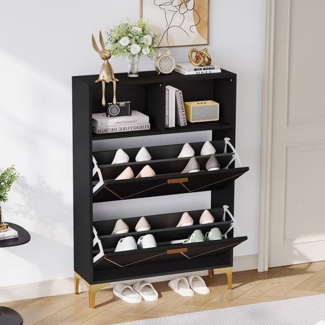 Meuble à chaussures 80 x 25 x 117 cm en MDF noir, gain de place pour entrée FloraGrace (1/5)