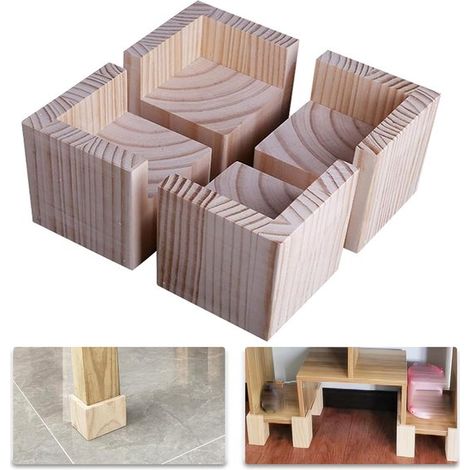 Elevadores de muebles de madera maciza (4 piezas)，Elevadores de cama y escritorio de 5x5 cm，Aumento de altura de 5 cm，Madera natural (1/5)