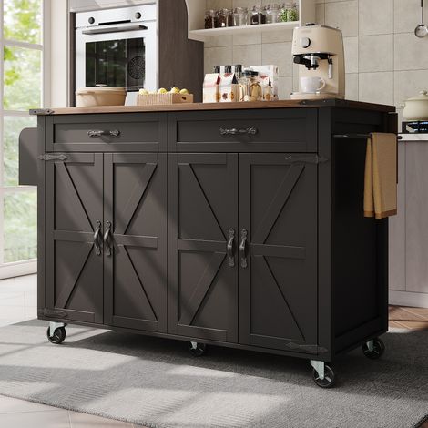 Îlot cuisine noir grain bois avec plan détachable, quatre portes et deux tiroirs, chariot de service multifonction pour rangement (1/5)