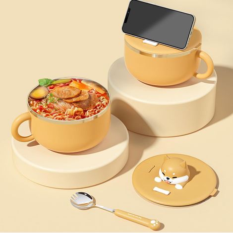 Bol instantané en forme de chiot : 1200 ml Ramen avec couvercle et cuillère, portable en acier inoxydable, à l'épreuve des fuites, pour nouilles et soupe (1/5)