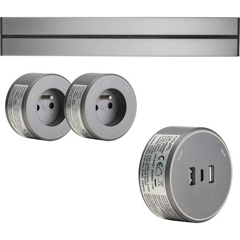 Rail électrique saillie 50cm + 2 prises + 1 module USB - argent - Orium (1/5)