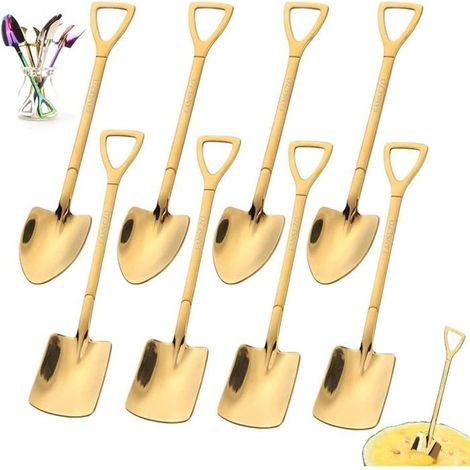 Lot de 8 cuillères à bêche en acier inoxydable 304 - En forme de pelle créative - Cuillère rouge - Cuillère à café, (doré) (1/5)