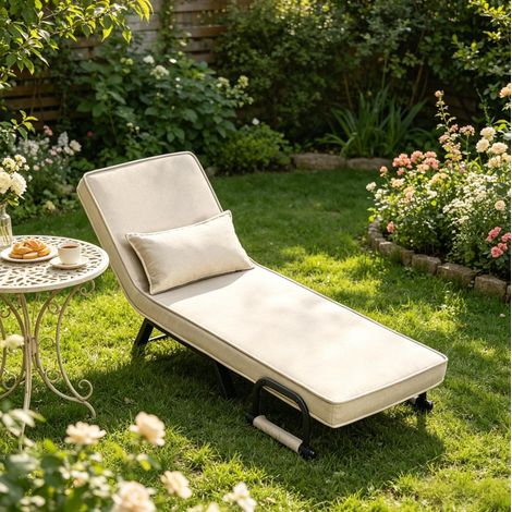 Fauteuil convertible 65x75x78 cm beige, dossier réglable 5 positions, tissu lin et métal MEUBLIV (1/5)