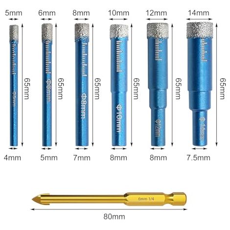 7 Pièces Foret Diamant Carrelage,Foret Diamant Gres Cerame avec 5/6/8/10/12/14 mm,Forets Metaux pour 6mm, Meche Perceuse Metal, pour Porcelaine,Céramique, Granit,Carrelage (1/4)