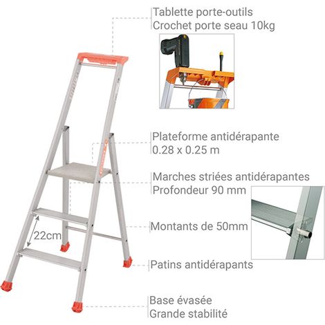 Tubesca Comabi – Marchepied alu ultra résistant 3 marches – Hauteur accès 2.66 m – Charge maxi 150 kg/m² – Norme EN 131 – Usage intensif