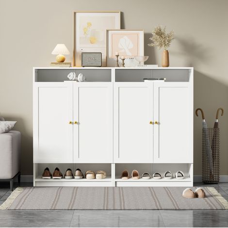 Mobile portascarpe 146x34x109 cm, con ripiani regolabili, vani multifunzione, pannello truciolare e metallo, bianco (1/5)