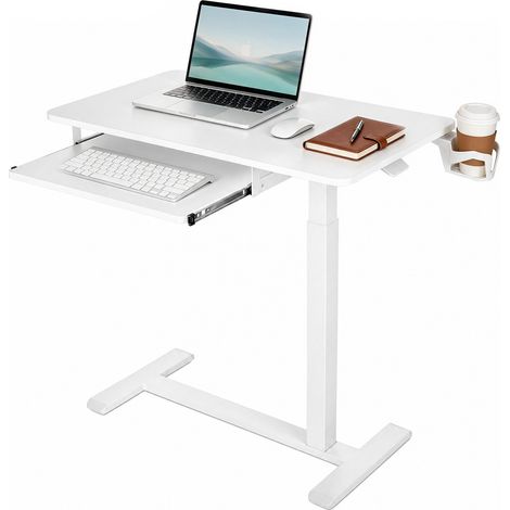 VEVOR Mesa Auxiliar con Ruedas 800 x 450 mm Escritorio para Laptop Blanco, Mesita Lateral Móvil para Cama Sofá Hogar Oficina, Altura Ajustable, con Bandeja para Teclado y Portavasos, Ruedas Escondidas (1/5)