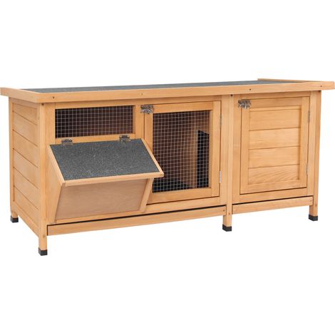 Clapier sur pied cage lapin avec toit bitumé ouvrant et 2 portes verrouillables, 2 tiroirs coulissants pour déjections, mangeoire incluse, bois de sapin traité, dimensions 112 x 50 x 54 cm, couleur bo (1/5)