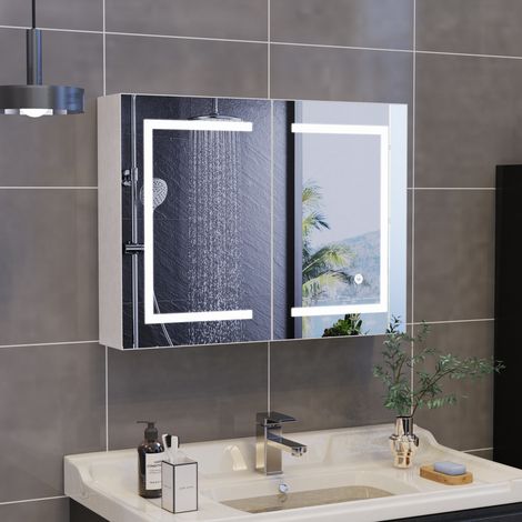 Armoire murale miroir salle de bain double porte 80×13,5×60 cm avec éclairage LED anti-buée. Grand espace de rangement intégré, design pratique adaptable pour salle de bain, cuisine ou salon.