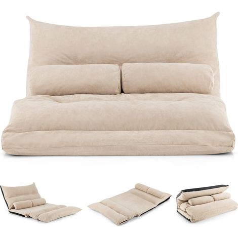 COSTWAY Divano da Terra Pieghevole, Divano Letto 2 Posti con Schienale Regolabile, Divano da Pavimento Trasformabile con 2 Cuscini per Camera da Letto Salone Balcone (Beige) (1/5)