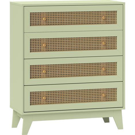 Commode 4 tiroirs, meuble de rangement cannage rotin, aspect bois clair, 80x35x95 cm, vert (1/5)