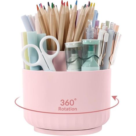 Organiseur de bureau rotatif à 360 degrés, porte-stylos à 5 compartiments, idéal pour le bureau, l\'école ou la maison (rose clair) (1/5)