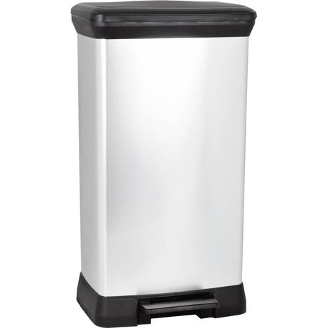 Curver – Poubelle à pédale 50 l – Argent métallisé – Dimensions 390 x 720 x 290 mm – Système Soft-close pour utilisation silencieuse (1/10)
