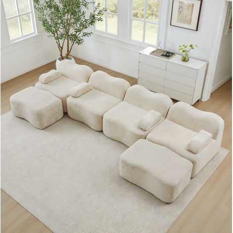 Modulares Ecksofa U-Form Samt Beige 4-Sitzer mit Hocker OKMYHOME (1/5)