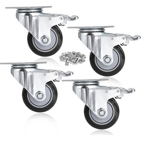 Lot de 4 roulettes pivotantes avec frein - 400 kg - Pour charges lourdes - 75 mm - Pour meubles, meubles en palette ou comme roulettes de transport - Noir (1/5)