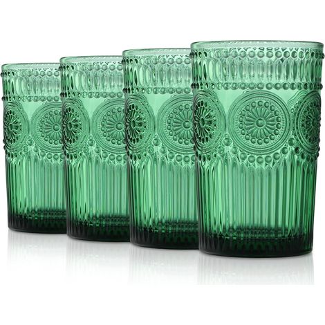 350 ml Green Embossed Sunflower Pattern Drinking Glasses, Vintage Multicoloured Dishwasher Safe Drinking Glasses, Set of 4 Multicoloured Water Glasses, Cocktail Juice Glass (1/5)