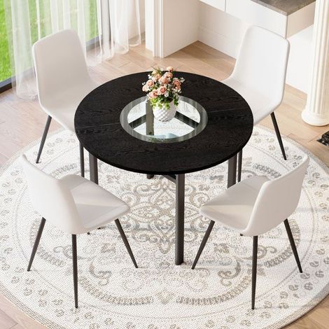 Ensemble Table et Chaises 100 cm 4 Chaises Rond Chaises Blanches PU Aspect bois noir Assise confort élargie Design minimaliste (1/5)