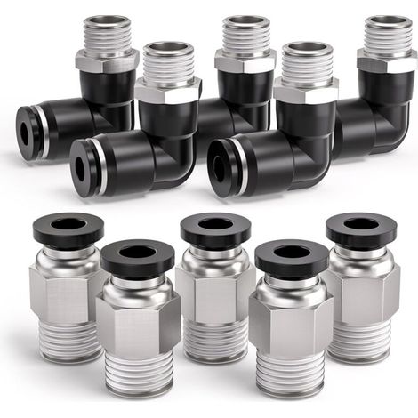 10 Pcs manchon de carte de 8mm à 1/4 "BSP mâle traversant et coude de 90 degrés raccord pneumatique, adaptateur de ligne d'air à libération rapide PL8-02 / PC8-02 (1/4)
