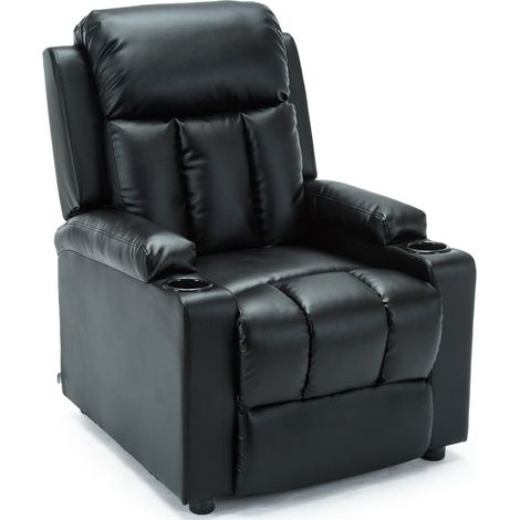 STUDIO LEATHER RECLINER w DRINK HOLDERS ARMCHAIR SOFA CHAIR CINEMA GAMING BLACK