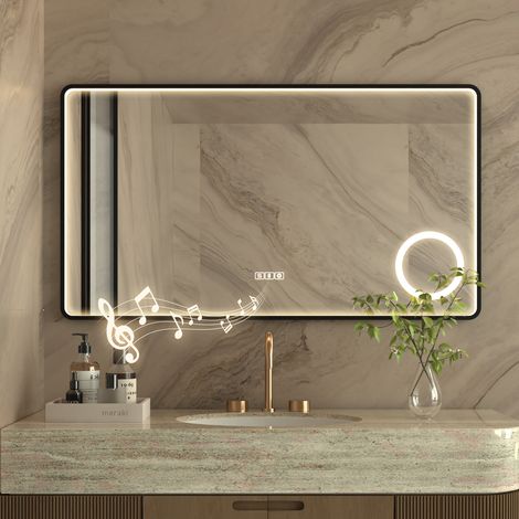 Miroir lumineux de salle de bain Bluetooth 100×60 cm avec miroir cosmétique 3x,éclairage LED dimmable,Commande Tactile,Mémoire,antibuée,IP44,noir (1/5)