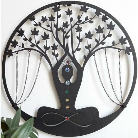 Décoration murale de méditation en métal, arbre de vie et pierres des 7 chakras, cristal brut, symbole d'énergie pour la méditation et le yoga, pendentif noir pour entrée. (1/5)