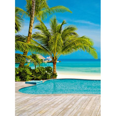 Papier peint panoramique turquoise plage | Tapisserie panoramique palmier pour bureau | Papier peint panoramique bord de mer - 192 X 260 cm (4 pièces) (1/2)