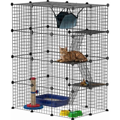 Cage pour chat d'intérieur en acier 4 niveaux DIY 5 portes hamac pour 1 à 3 chats 105 x 70 x 140 cm couleur noire (1/5)