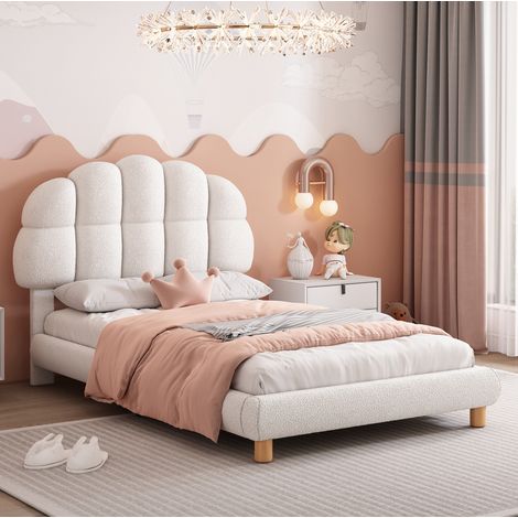 DESVIAE Lit simple rembourré 90 x 200 cm pour enfant et adolescent avec sommier à lattes en bois tête de lit demi-cercle blanc (1/5)
