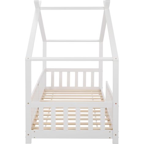 Weißes Hausbett für Kinder 90x200 cm mit Rausfallschutz und Lattenrost aus Kiefernholz (1/5)