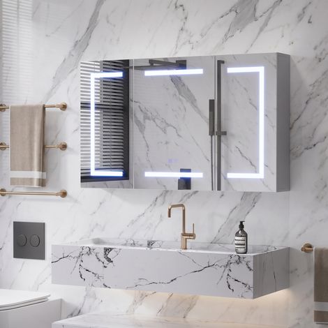 Armoire murale de salle de bain, Éclairage LED 3 couleurs et Antibuée, Armoire miroir mural 3 portes, 100x60 cm, Prise EU et Distributeur de mouchoirs intégrés