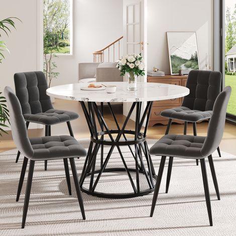 Ensemble table à manger ronde 5 pièces 100 cm diamètre pieds métal noir plateau marbre MDF, chaises velours gris