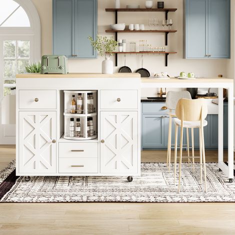 Carrello da Cucina con 4 Cassetti e Ripiani Regolabili, Piano Estensibile, Ruote, per Cucina 110 × 40 × 91 cm (1/5)