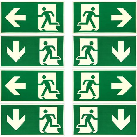 Lot de 8 Panneaux de Sortie de Secours Photoluminescents 300 x 150 mm, Signalisation Issue de Secours Autocollante en PVC, Flèches Gauche Droite Bas, Résistants à l’Eau, pour Bureau Hôtel Entrepôt (1/5)
