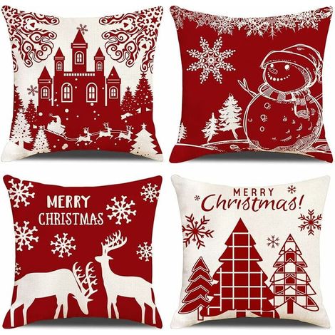 Lot de 4 housses de coussin de Noël, motif bonhomme de neige beige et château rouge, pour canapé, fauteuil, voiture, lit, jardin, 45 x 45 cm (1/5)