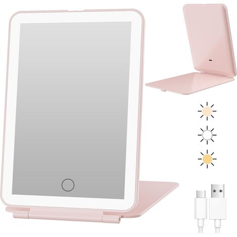 Miroir de maquillage pliable rechargeable – Miroir portable avec lumière LED, 3 modes de couleur et luminosité réglable – Rose (1/5)