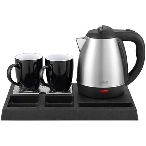 Bouilloire d'hôtel 1,2L noire et acier – Puissance 1500W – Protection contre la surchauffe – 2 tasses incluses