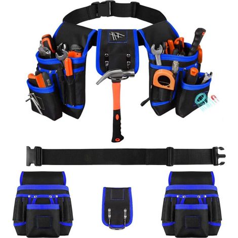 Ceinture porte-outils 26 poches, 1 porte-marteau magnétique amovible et réglable, idéale pour perceuses, cloueuses, vitriers, électriciens et charpentiers - Bleu (1/5)