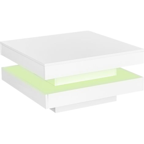 Table basse carrée blanche brillante avec plateau rotatif 360° et éclairage LED, 70x70x36 cm (1/5)