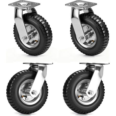 Lot de 4 Roulette Pivotante Gonflable, Ø 220mm 300Kg Max, 360° Roues Pneumatiques, Modèle Pivotantes, pour Manutention et Transport