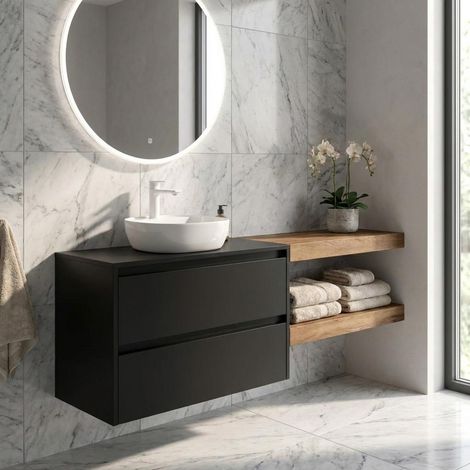 Mobile Bagno Sospeso 100 cm con 2 Cassetti e lavabo appoggio Nero Satinato – Linea